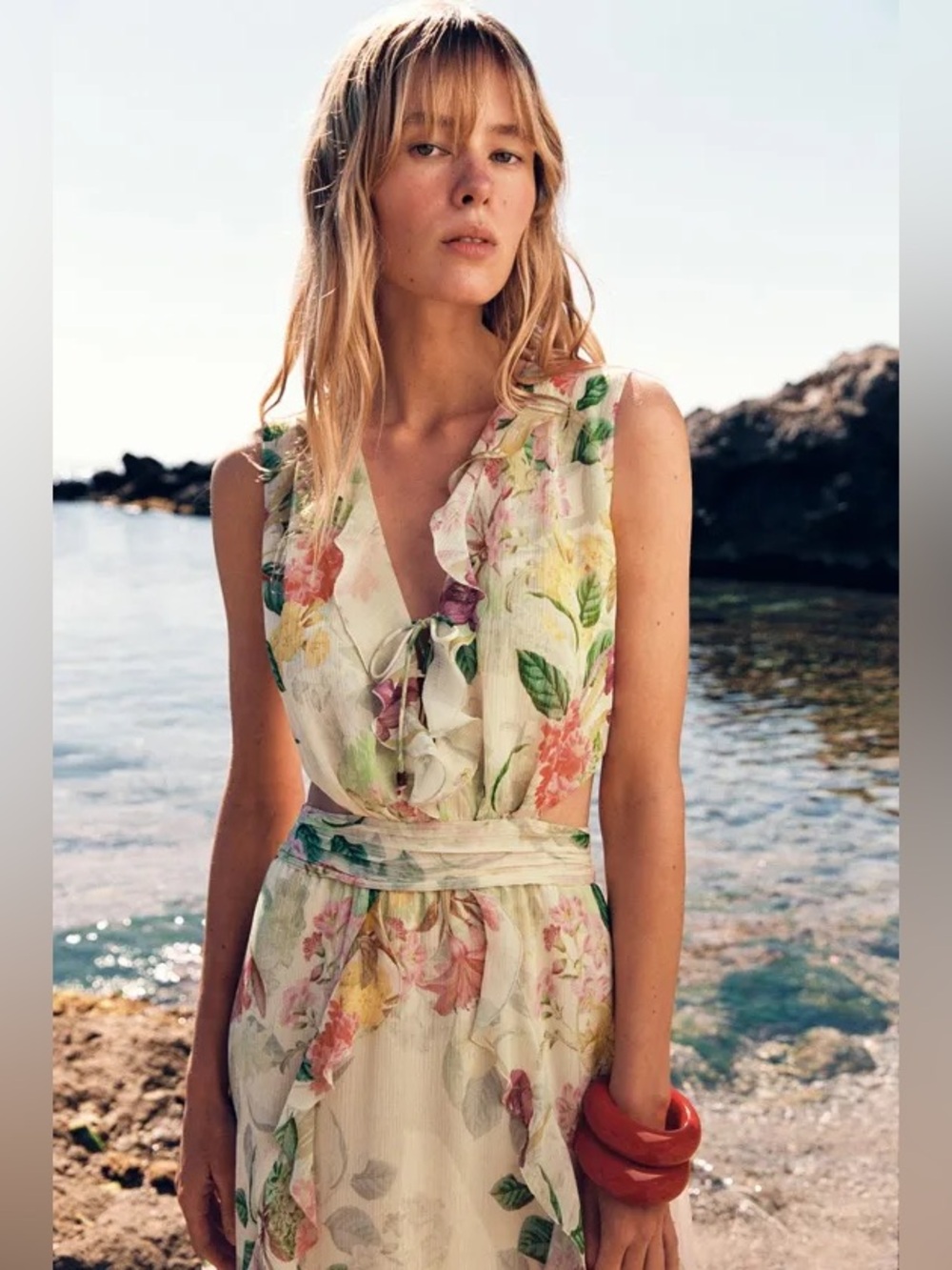 ZARA Garden Floral Side Cutout VβNeck Ruffle Long Dress. XS NWT